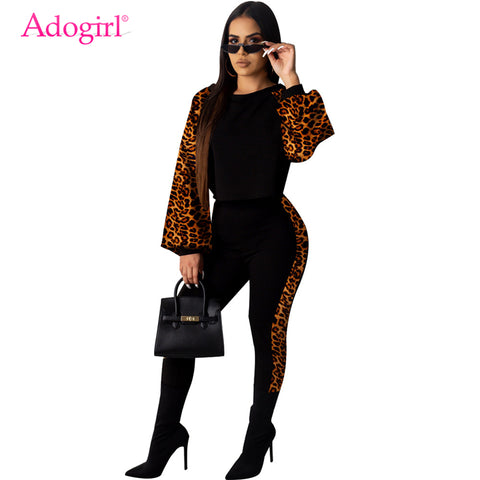 Adogirl Leopard Print Patchwork Women Casual Two Piece Set Tracksuit